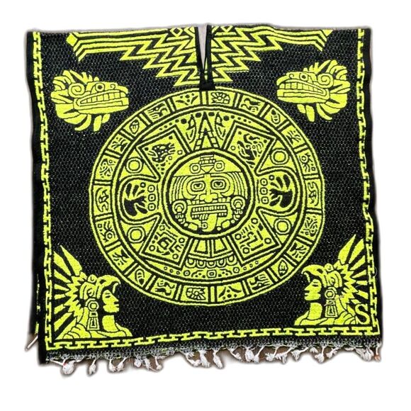 Vintage Mexican Mayan Calendar Aztec Reversible Blanket Serape Tijuana Poncho - Picture 1 of 11